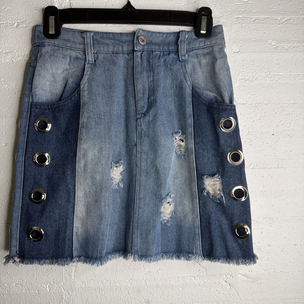 Alpha & Omega Denim Skirt Grommet Patchwork Distressed Festival Y2K Coquette